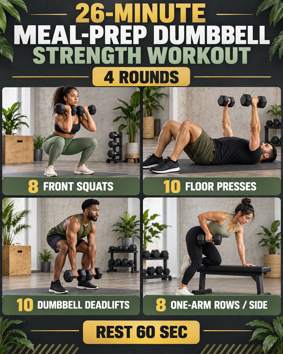 26-minute meal-prep dumbbell strength workout with four illustrated exercises