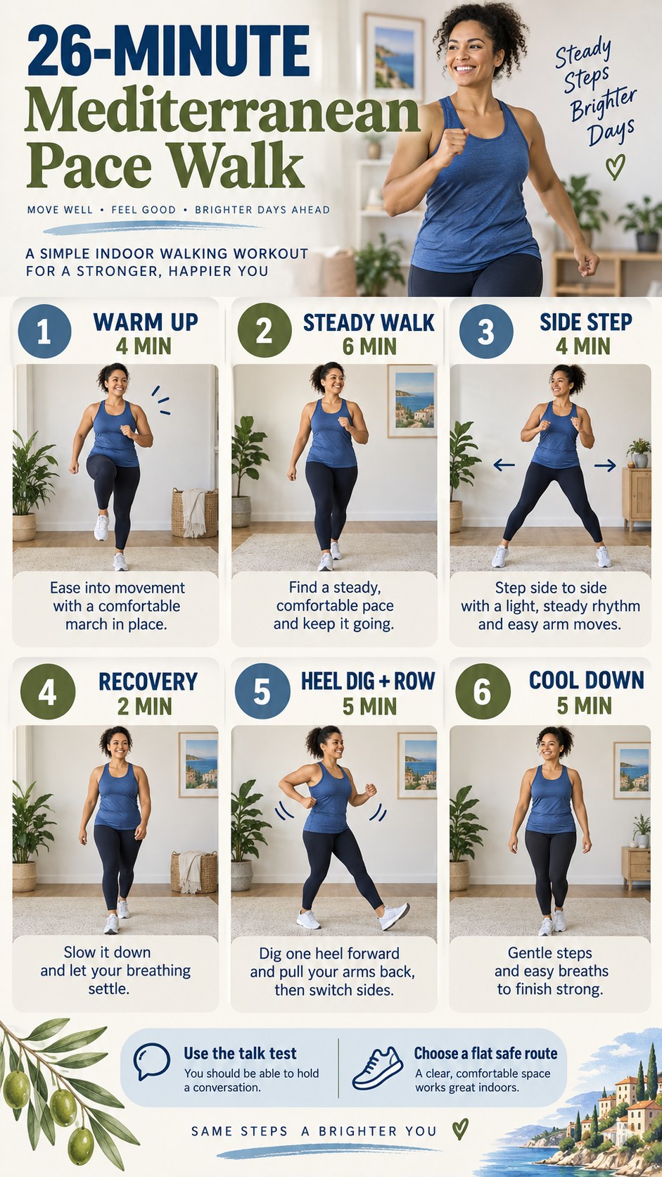 English infographic for 26-minute mediterranean pace walk showing the timed low-impact workout and safety guidance.