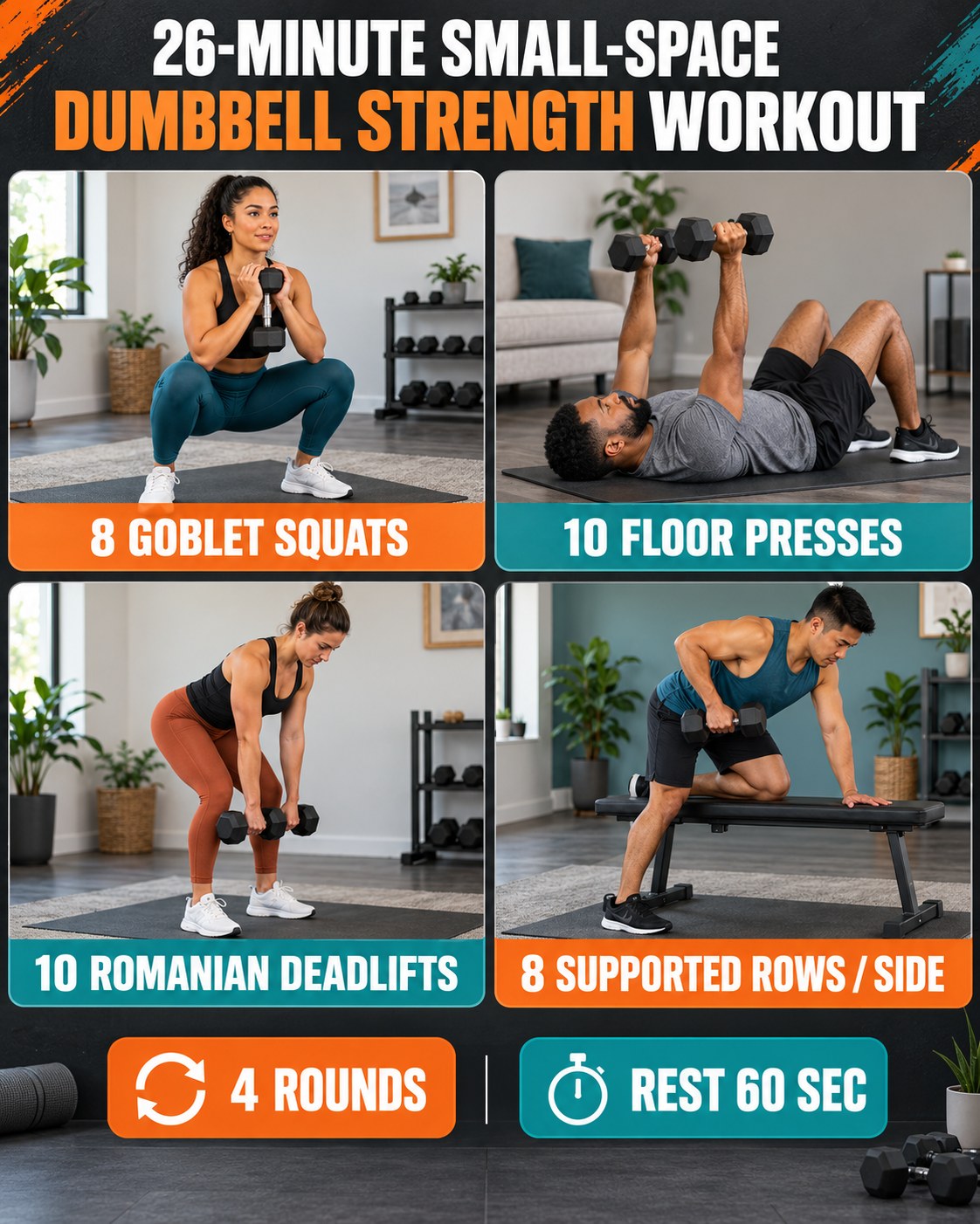 26-minute small-space dumbbell strength workout with four illustrated exercises