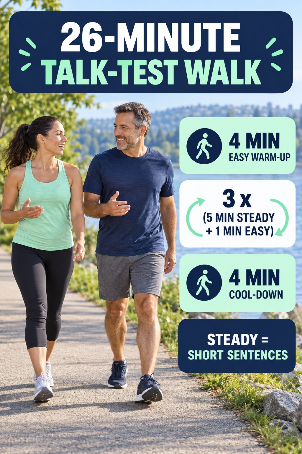 26-minute talk-test walking routine with warm-up, three steady intervals and cool-down