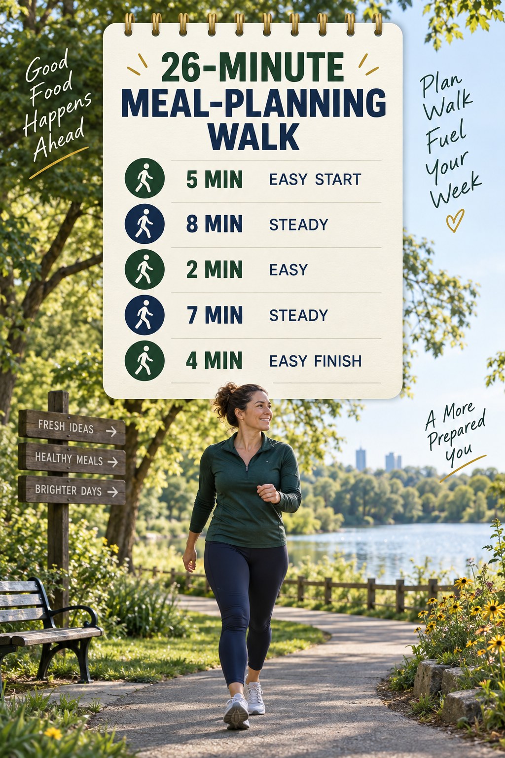 26-minute weekend meal-planning walking routine with steady blocks and easy recovery