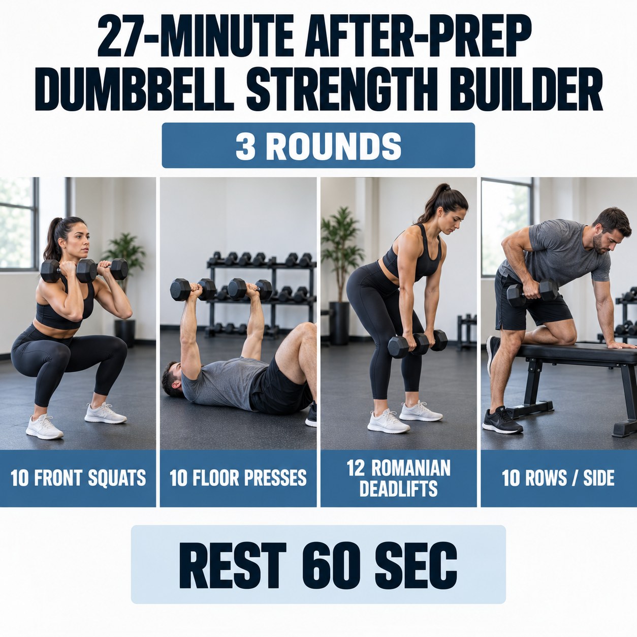 After-prep dumbbell strength builder with front squats, floor presses, Romanian deadlifts, and supported rows