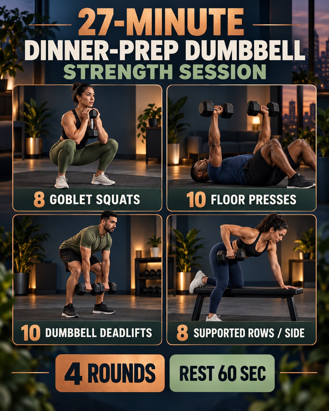 27-minute dinner-prep dumbbell strength session with four illustrated exercises