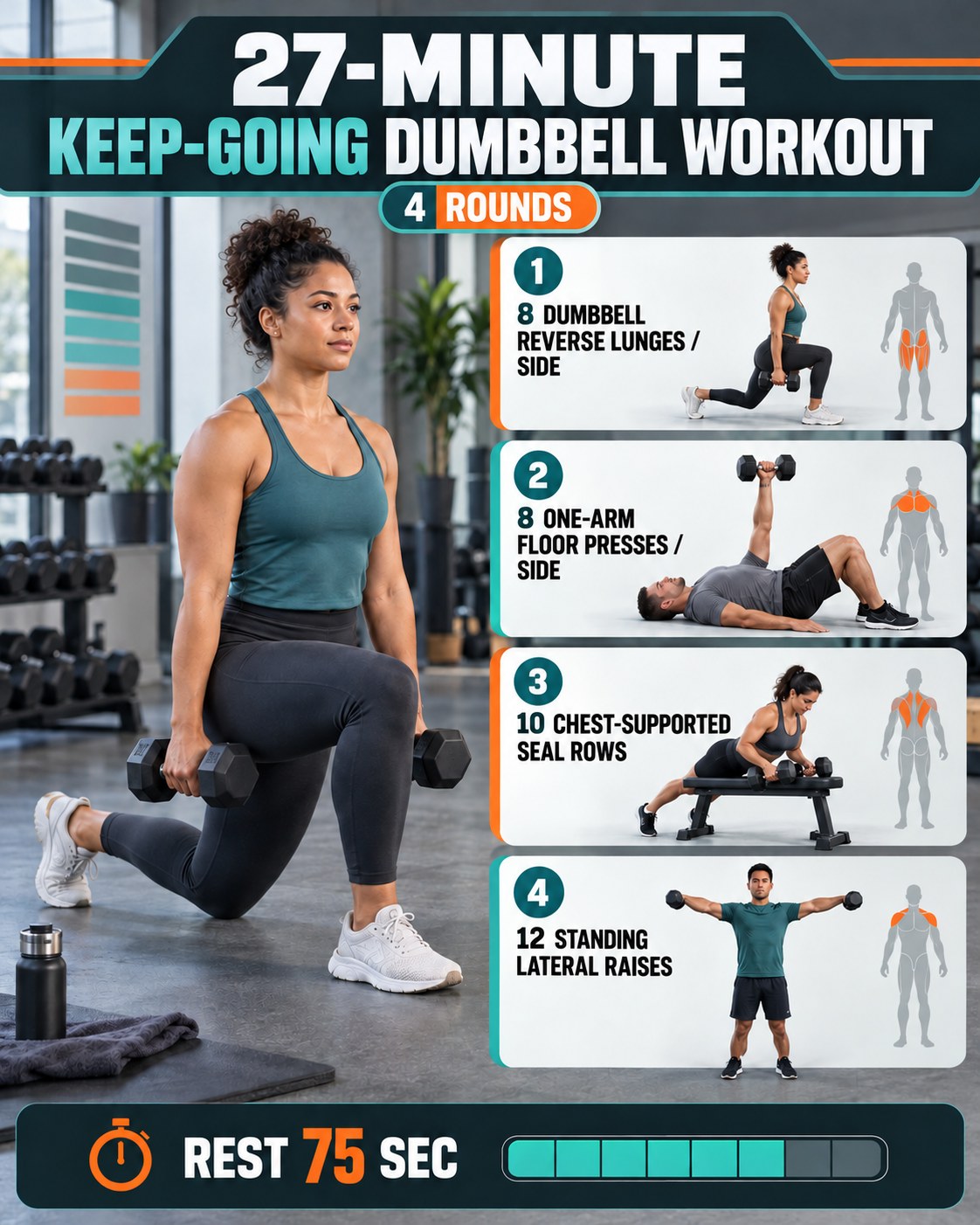 Woman doing a dumbbell reverse lunge beside a 27-minute keep-going dumbbell workout infographic.