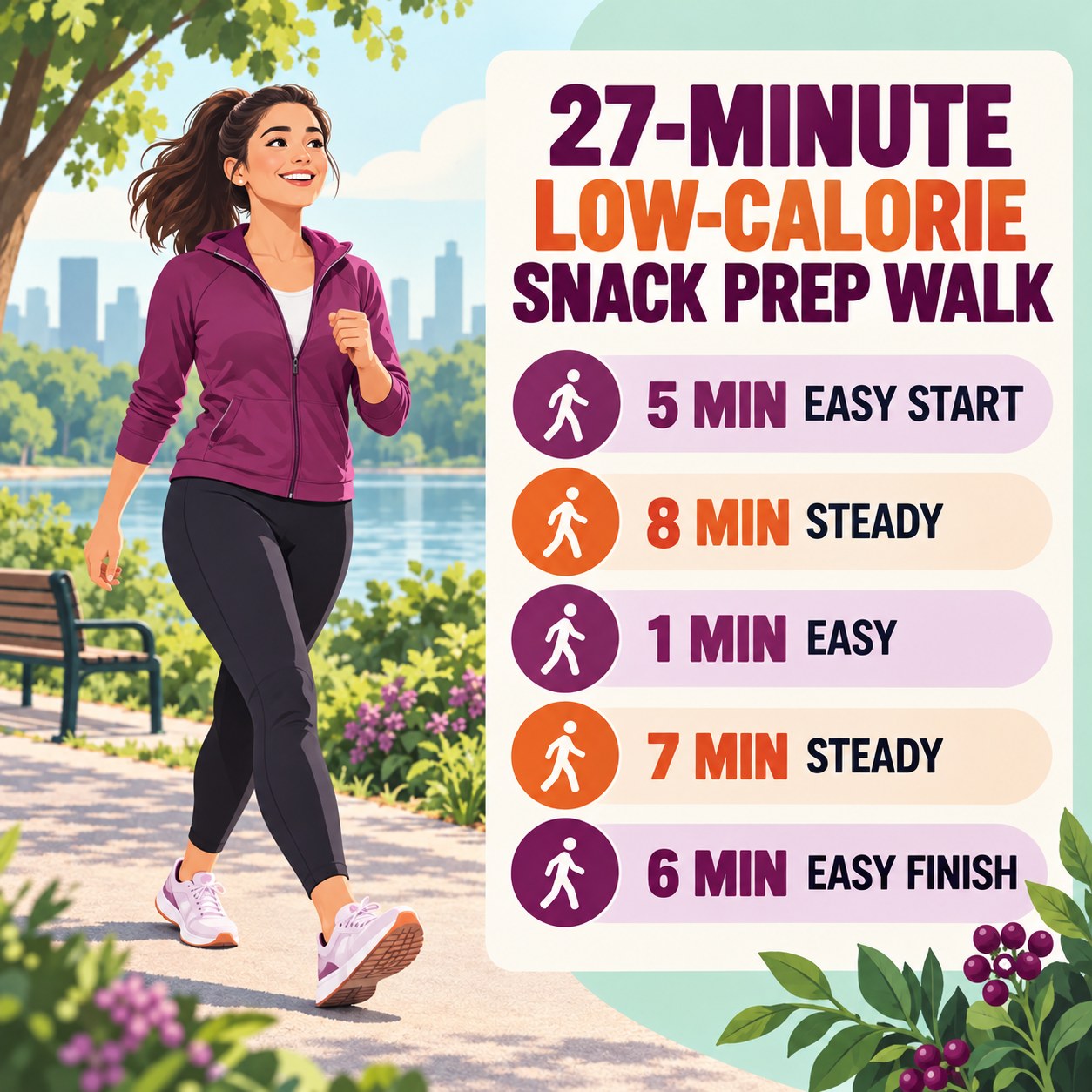 27-minute low-calorie snack prep walking routine with two steady blocks and easy recovery