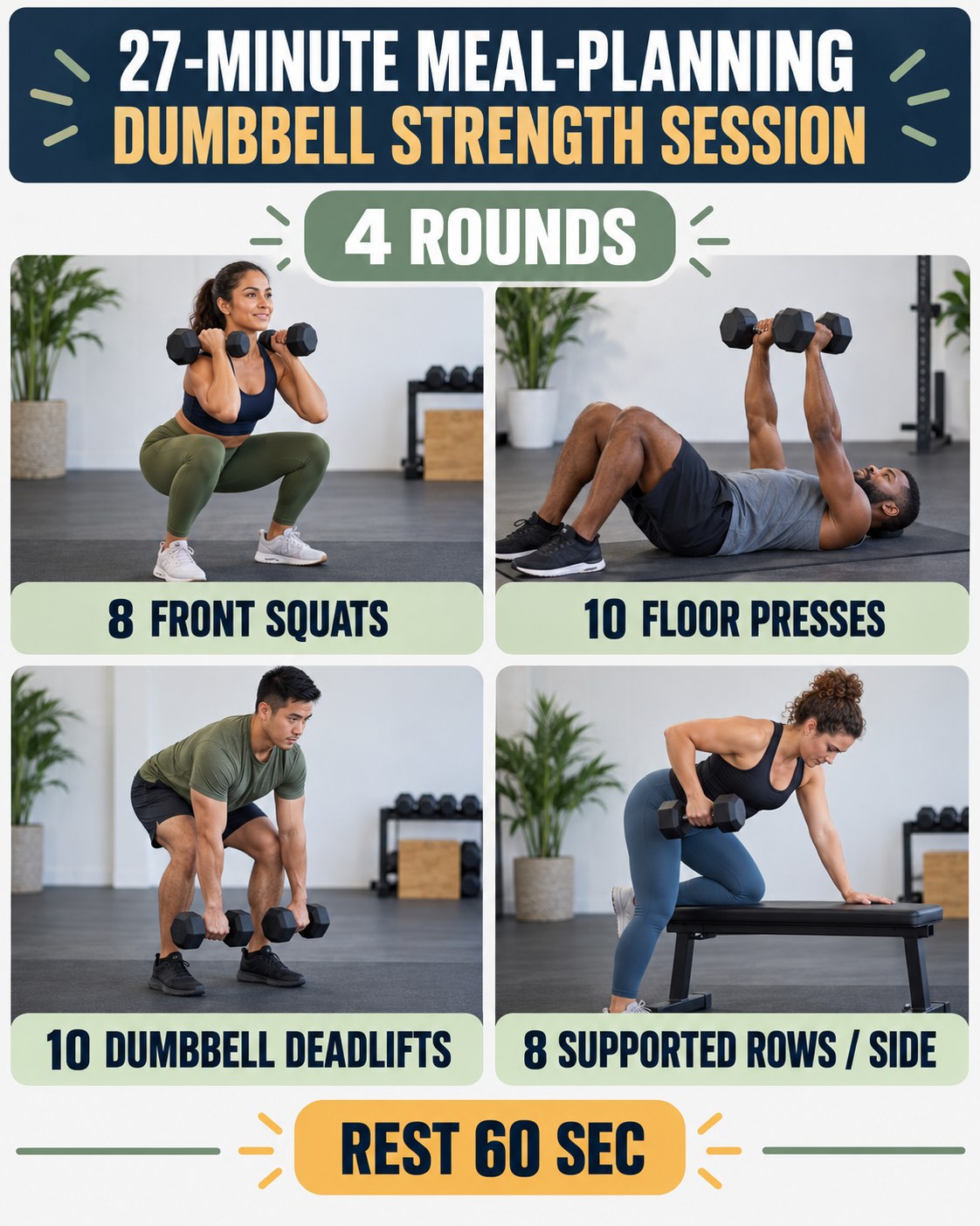 27-minute meal-planning dumbbell strength session with four illustrated exercises