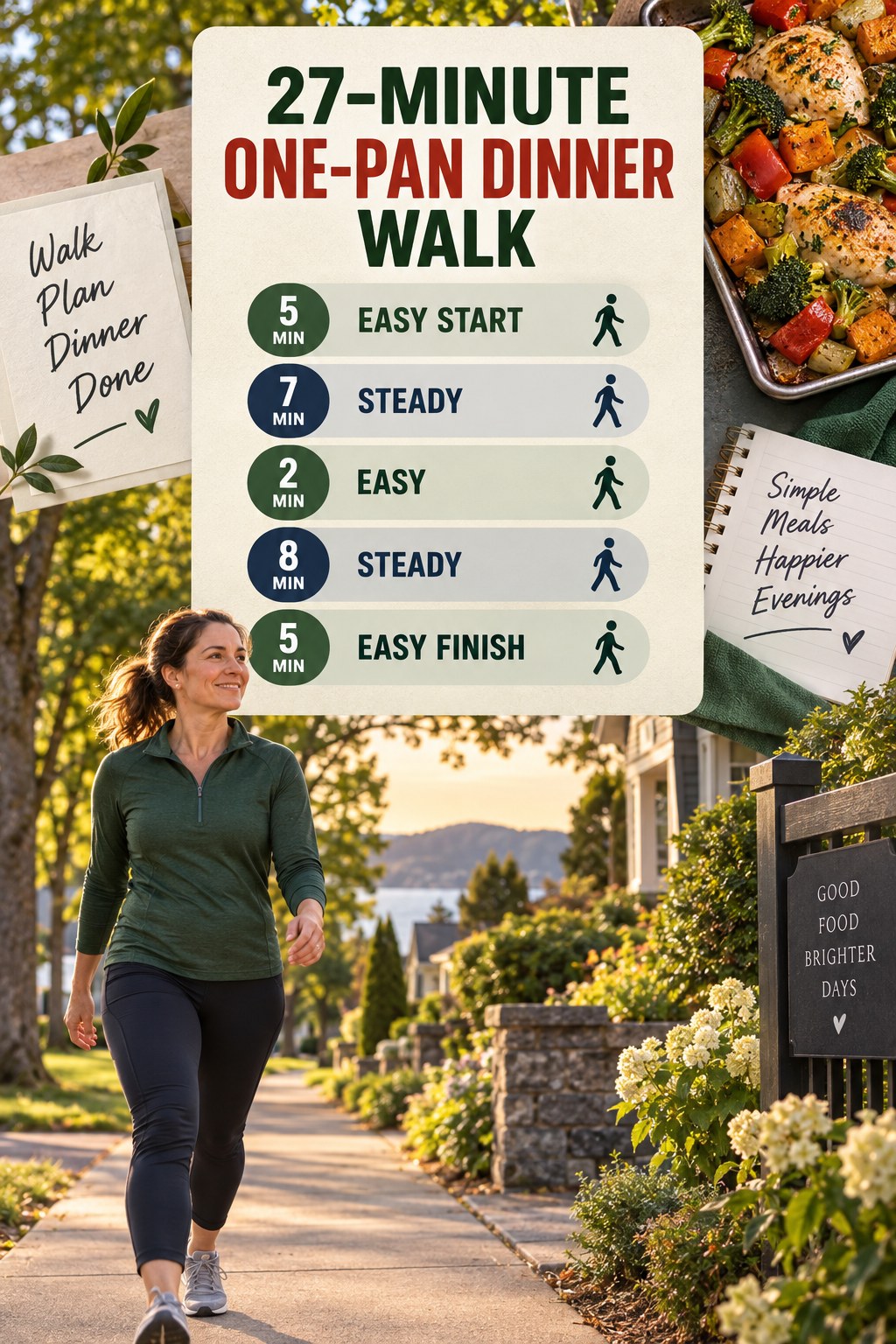 27-minute one-pan dinner planning walking routine with two steady blocks and easy recovery