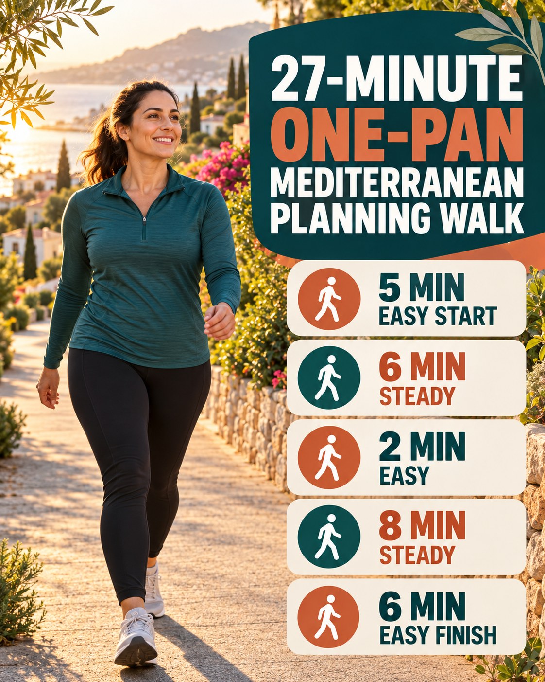 27-minute one-pan Mediterranean planning walking routine with two steady blocks and easy recovery