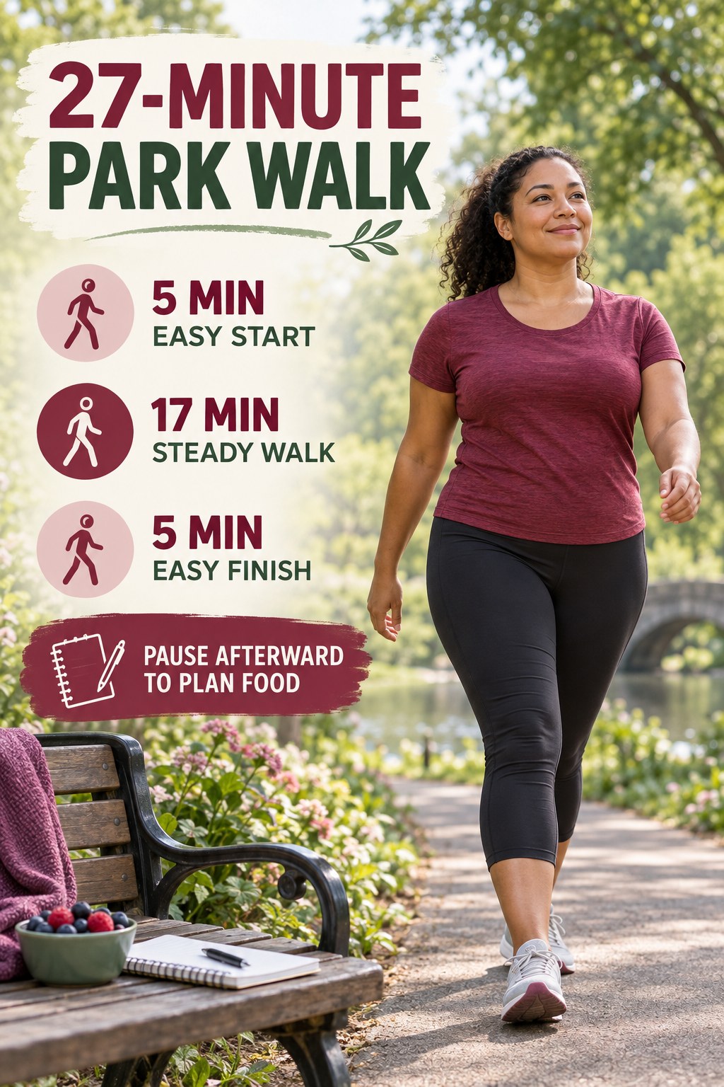 Adult walking in a park beside a 27-minute routine and a notebook for a food-planning pause afterward.