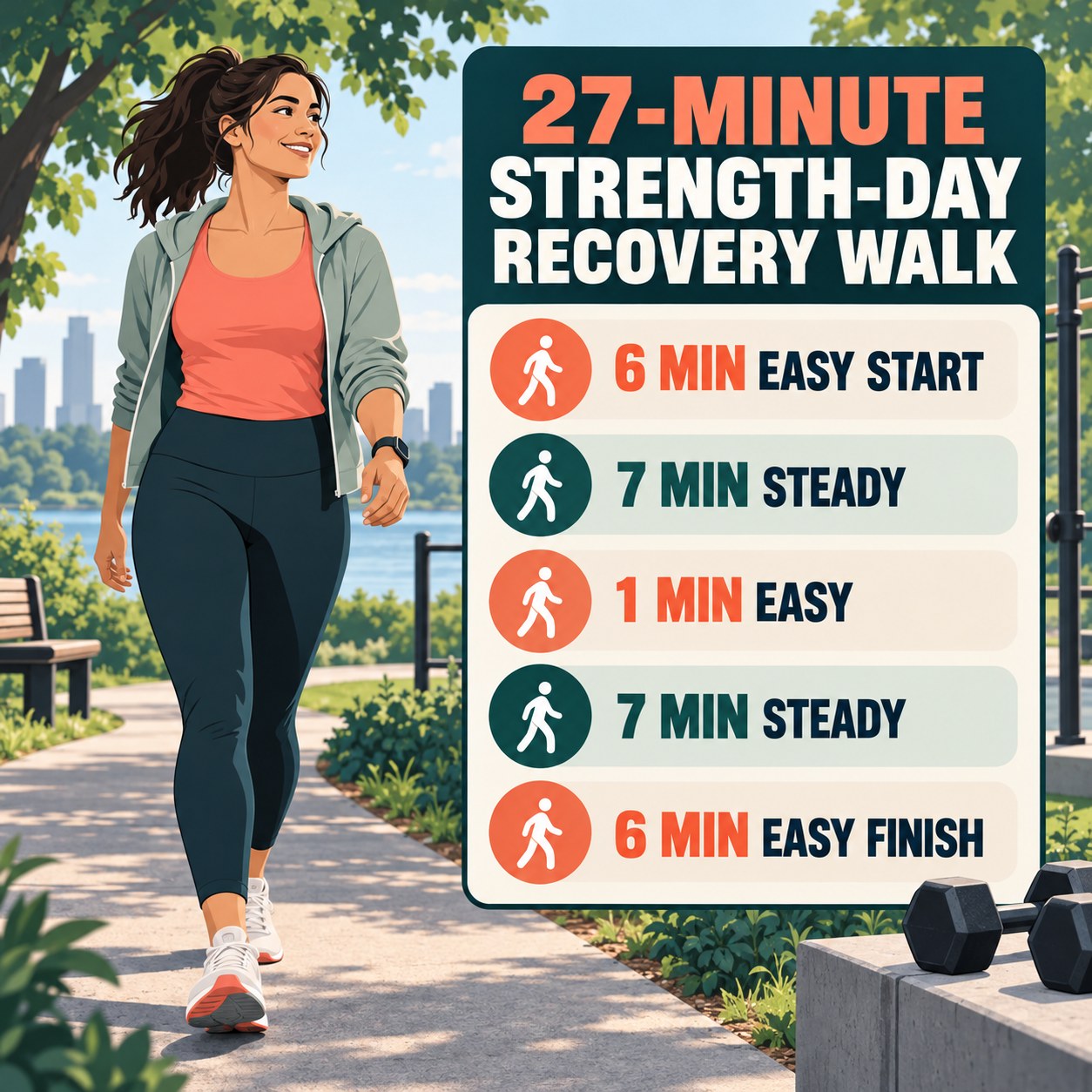 27-minute strength-day recovery walking routine with two steady blocks and easy recovery