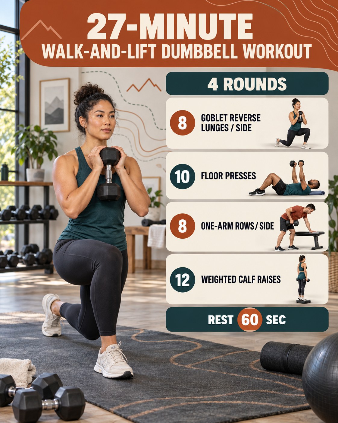 Woman holding a dumbbell in a reverse lunge beside a 27-minute walk-and-lift workout infographic.