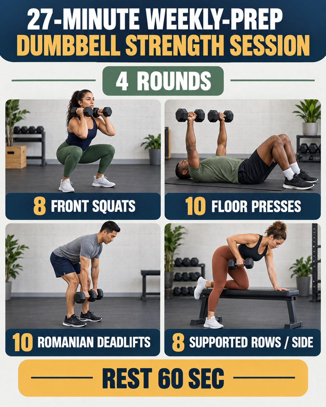 27-minute weekly-prep dumbbell strength session with four illustrated exercises