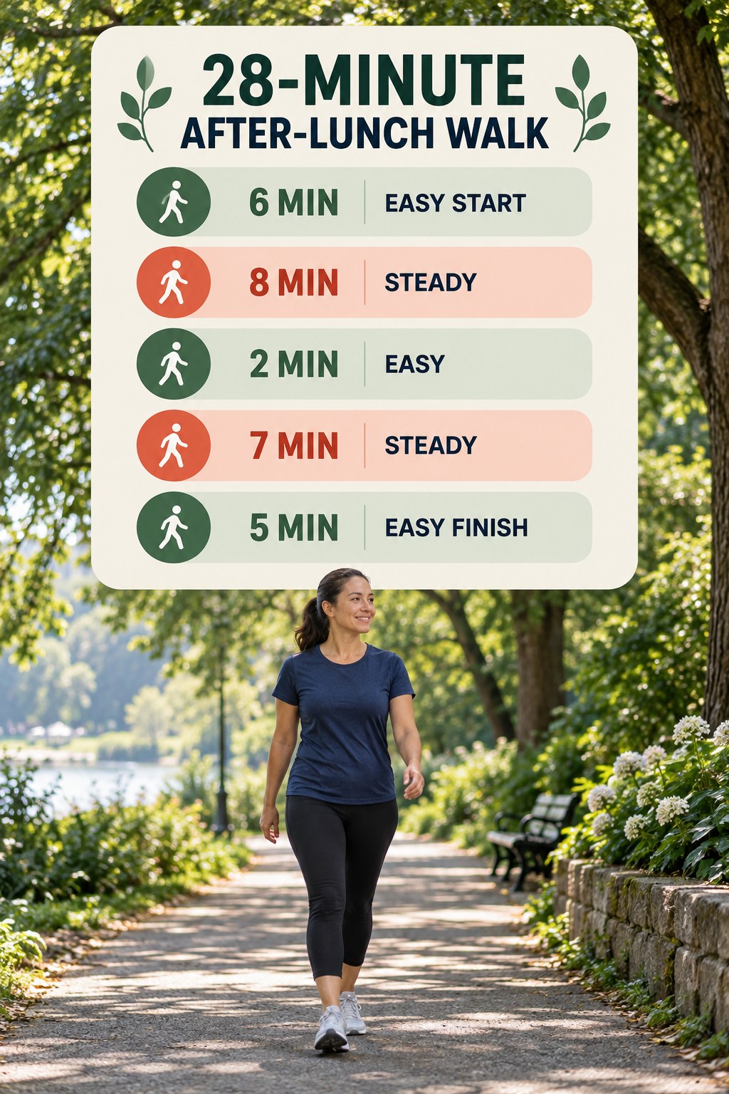28-minute after-lunch walking routine with two steady blocks and easy recovery