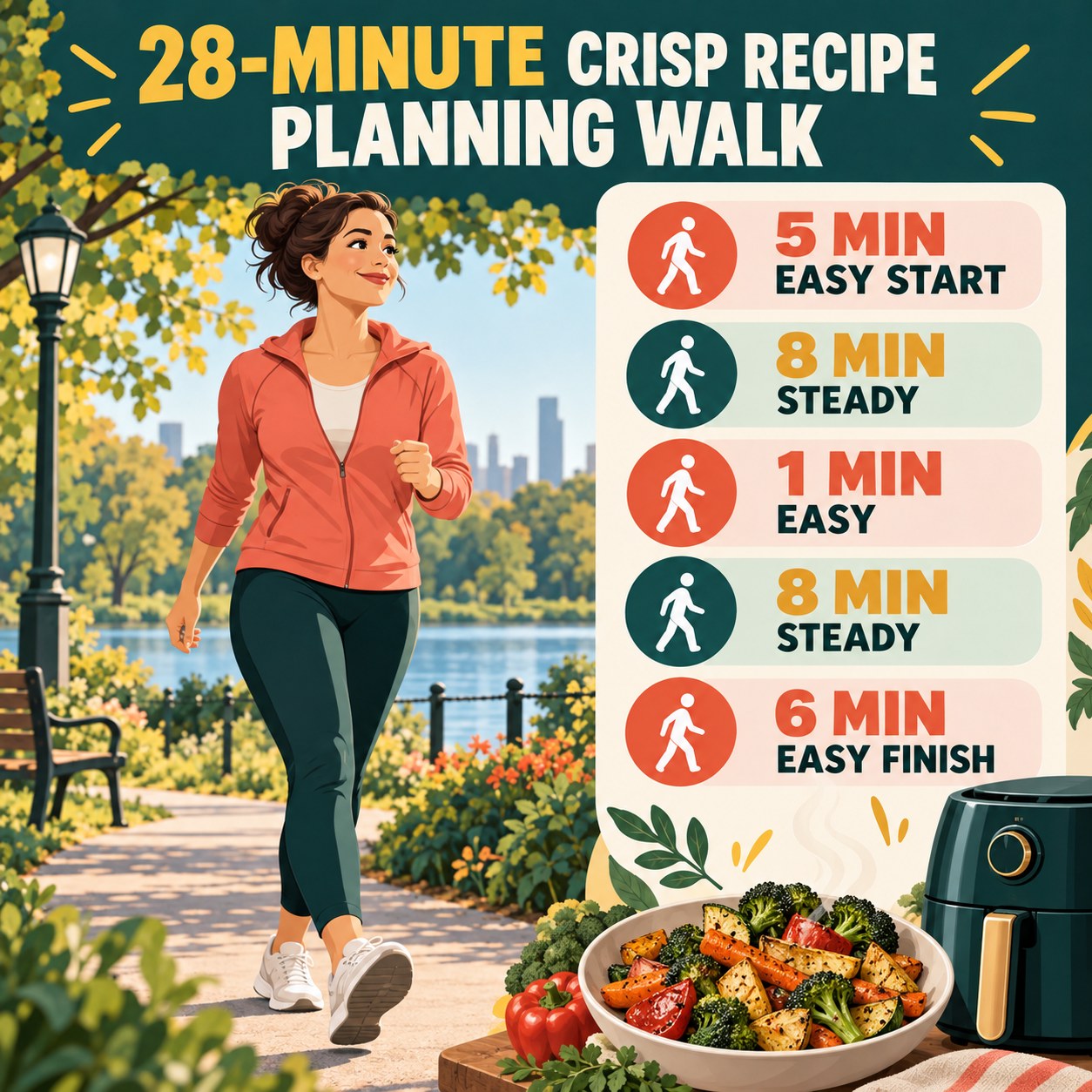28-minute crisp recipe planning walking routine with two steady blocks and easy recovery