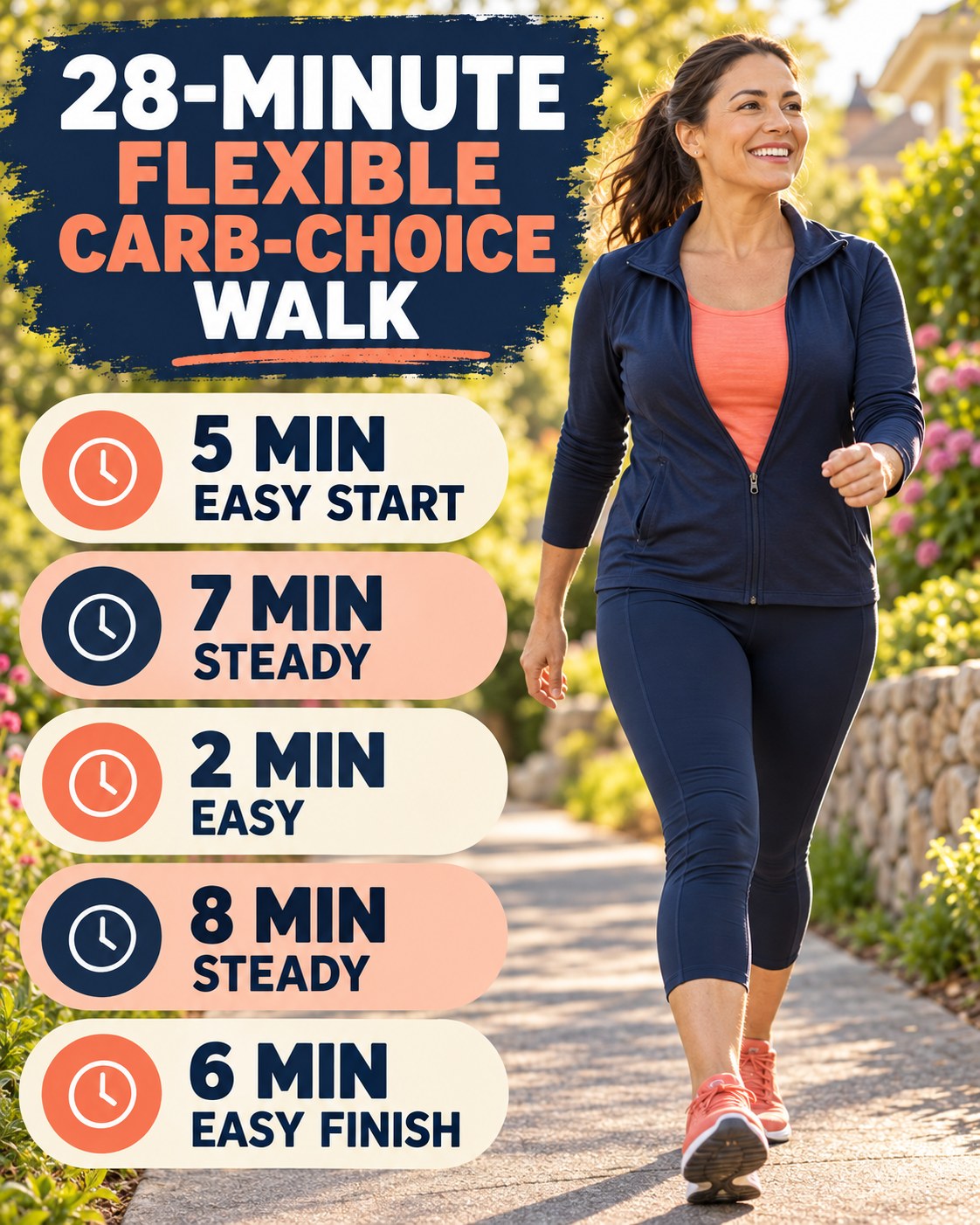28-minute flexible carb-choice walking routine with two steady blocks and easy recovery
