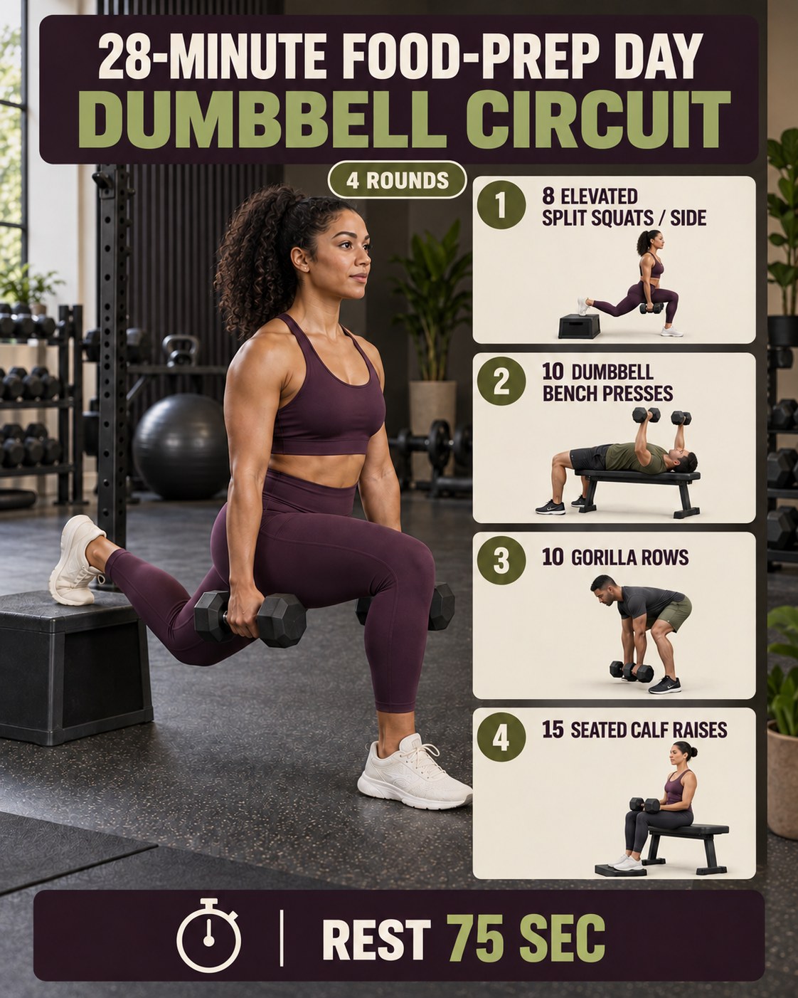 Woman performing an elevated split squat beside a 28-minute food-prep day dumbbell circuit infographic.