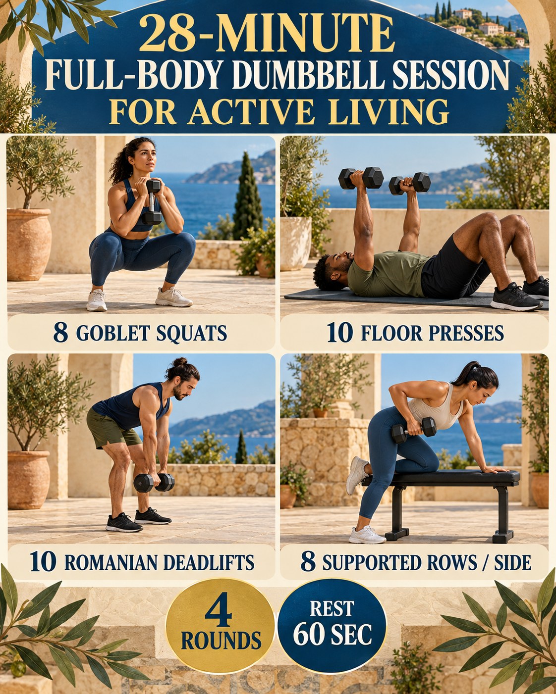 28-minute full-body dumbbell session for active living with four illustrated exercises