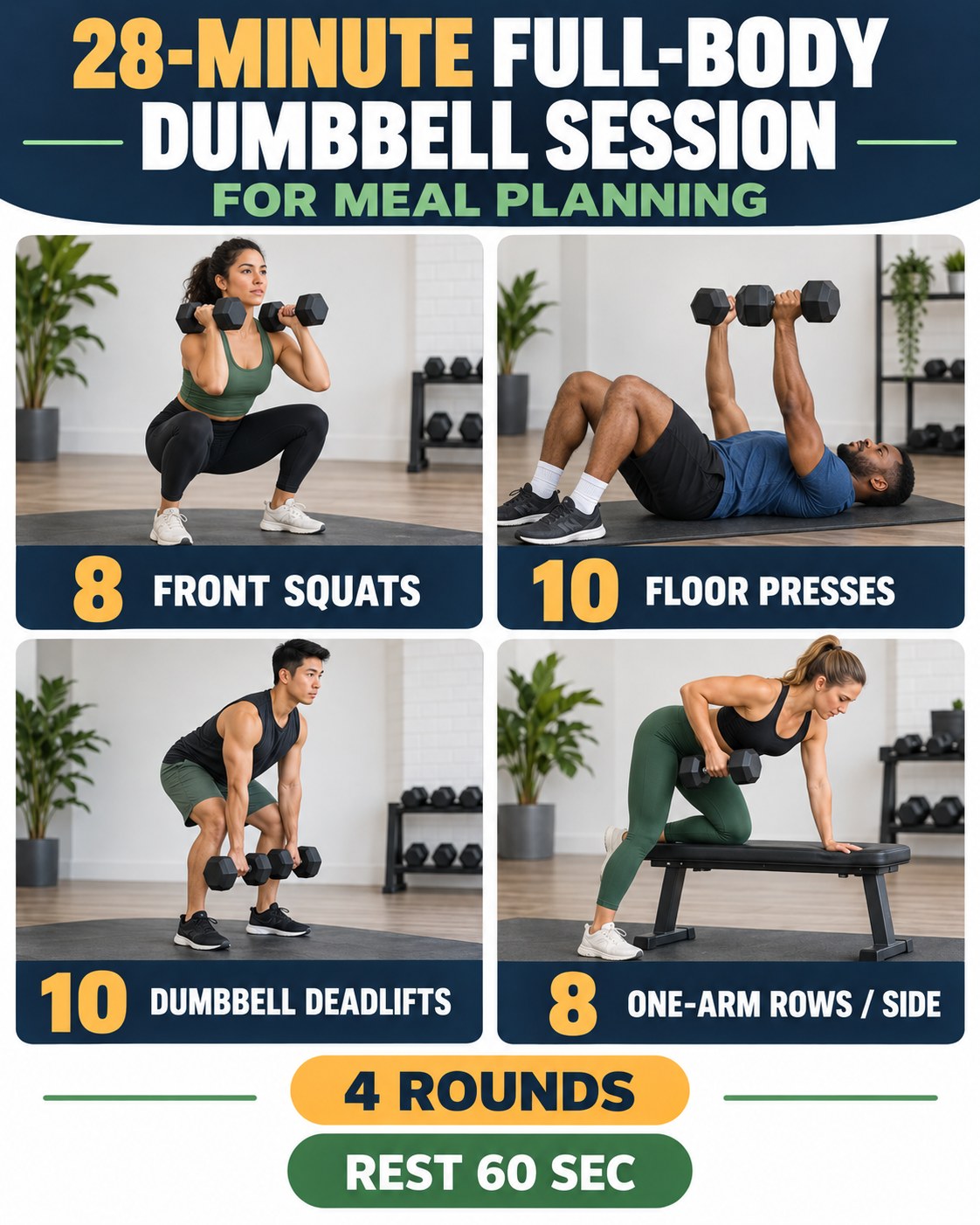 28-minute full-body dumbbell session for meal planning with four illustrated exercises