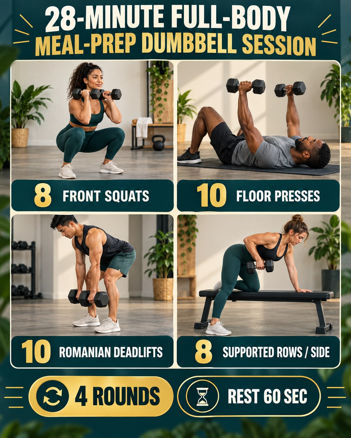 28-minute full-body meal-prep dumbbell session with four illustrated exercises