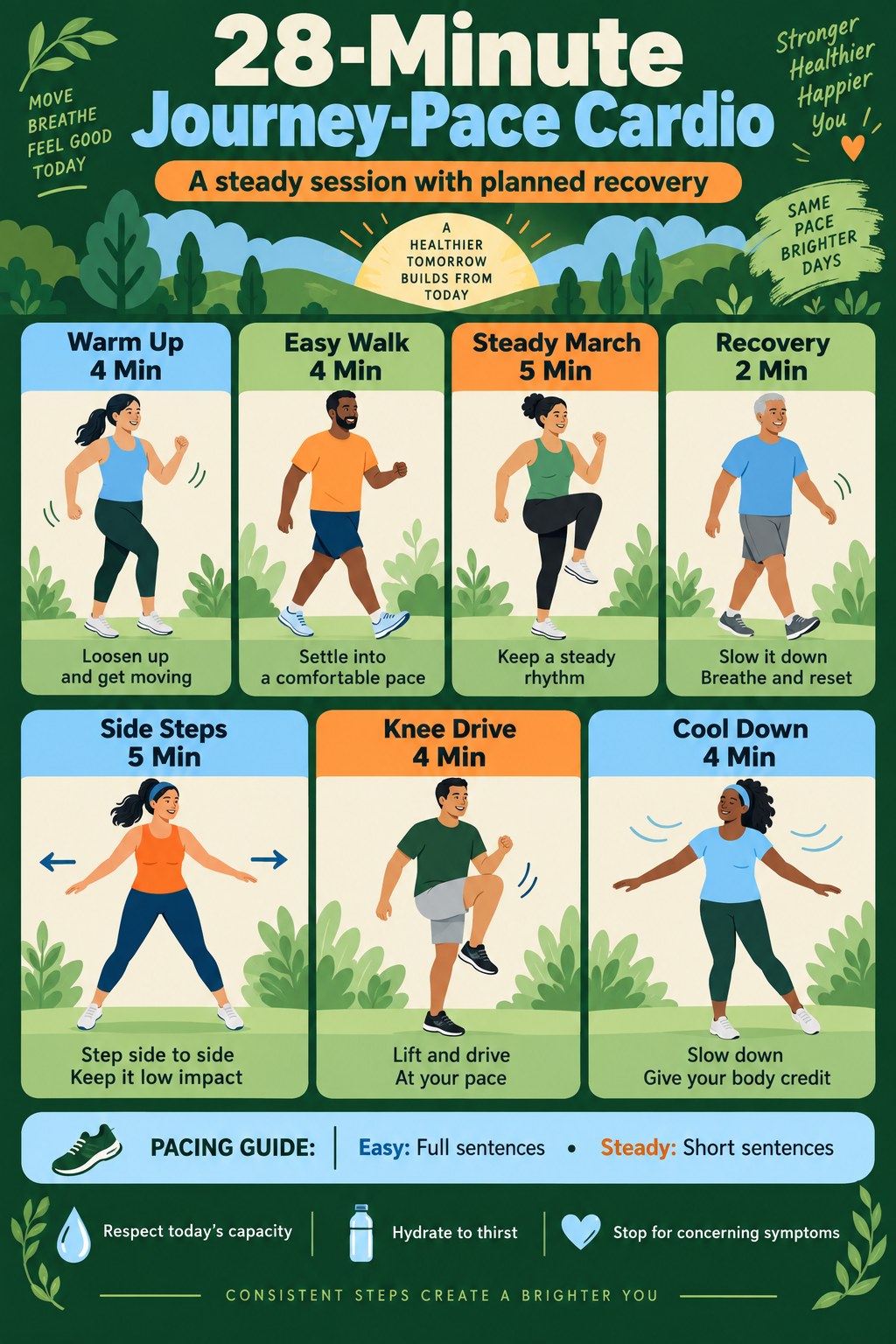 Journey-pace cardio infographic showing warm-up, easy walking, steady marching, recovery, side steps, knee drives, cool-down, and talk-test cues.