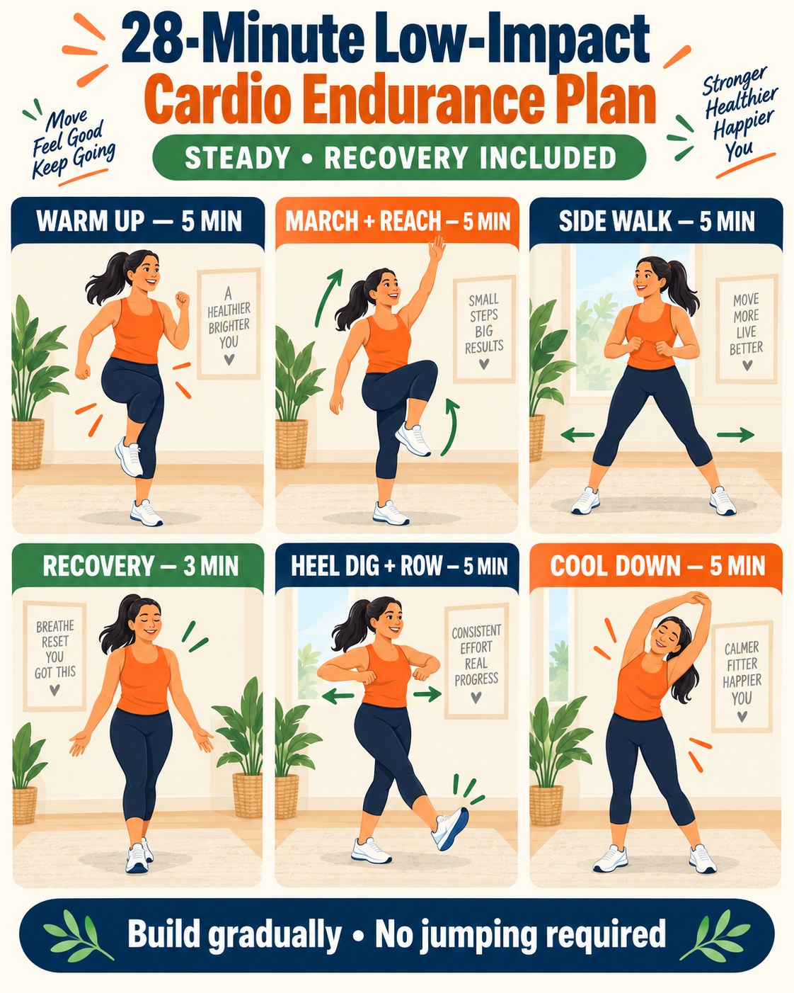 28-minute low-impact cardio endurance plan infographic with six timed blocks and recovery