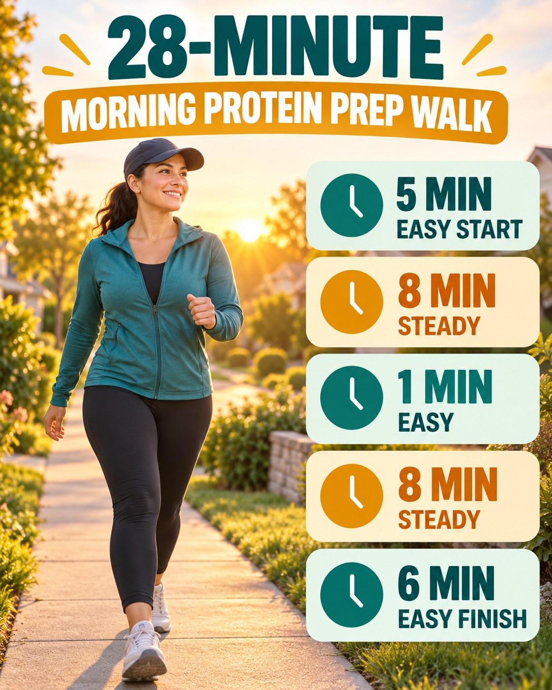 28-minute morning protein prep walking routine with two steady blocks and easy recovery