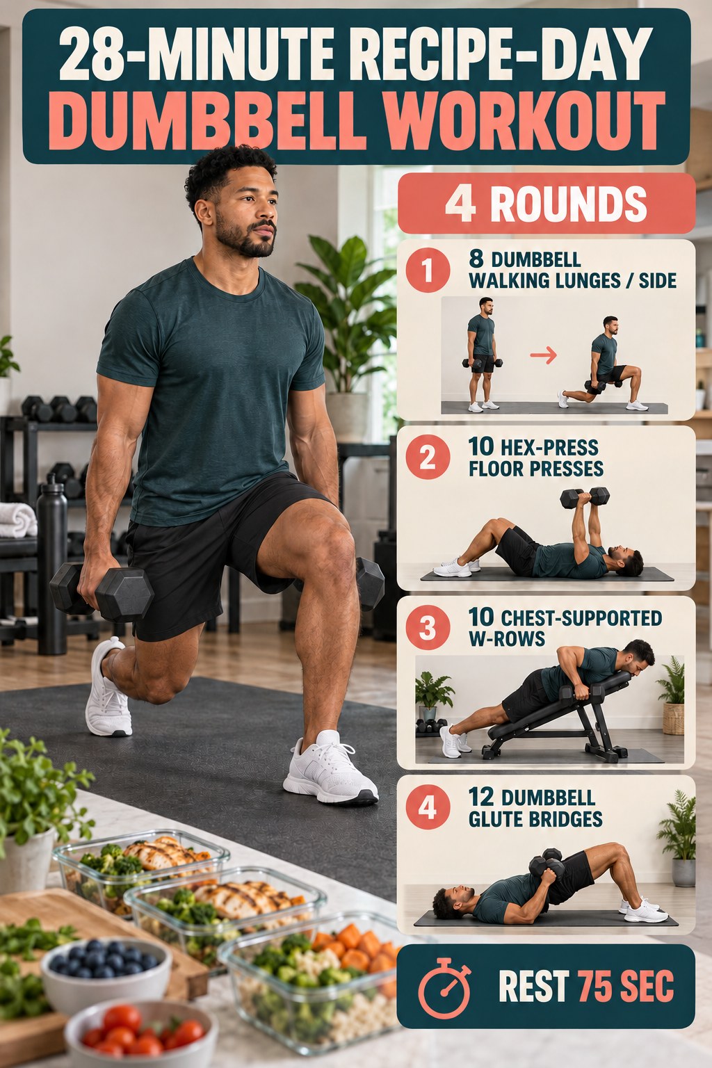 Man performing a dumbbell walking lunge beside a 28-minute recipe-day dumbbell workout infographic.