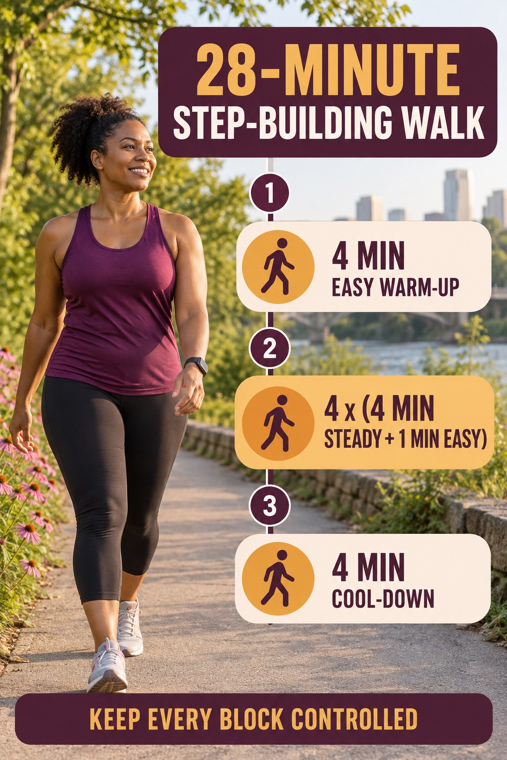 Adult walking on a greenway beside a 28-minute routine with four steady-and-easy pace blocks.