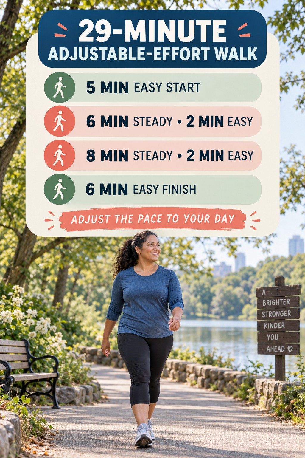 29-minute adjustable-effort walking routine for women with steady blocks and easy recovery