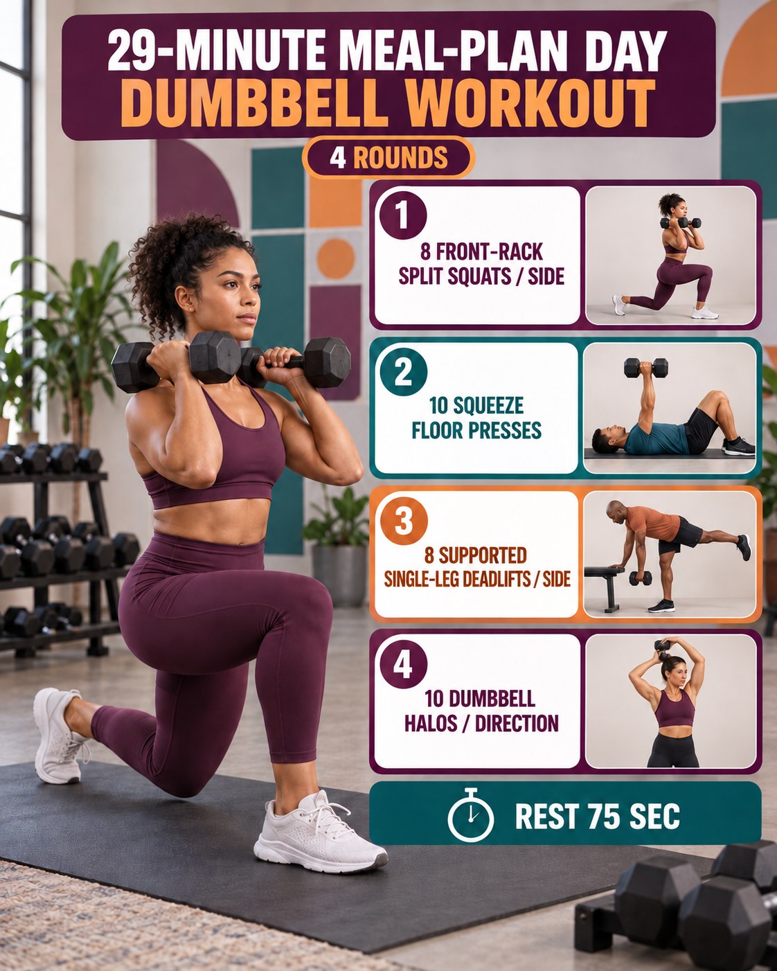 Woman doing a front-rack split squat beside a 29-minute meal-plan day dumbbell workout infographic.