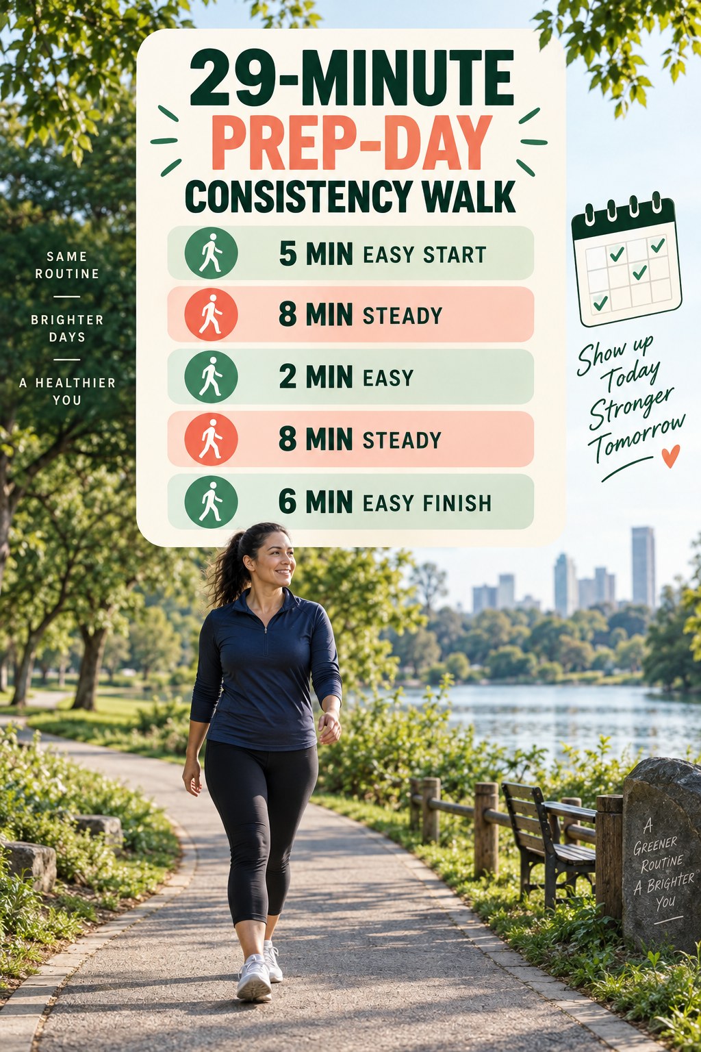 29-minute prep-day consistency walking routine with two steady blocks and easy recovery