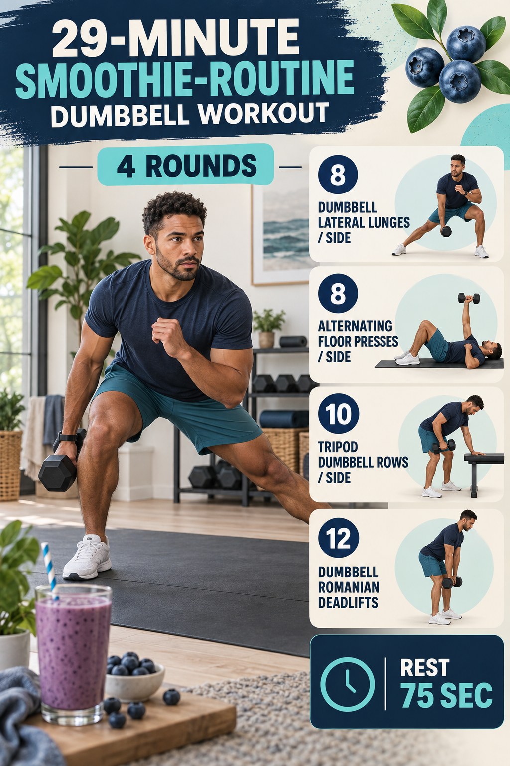Man performing a dumbbell lateral lunge beside a 29-minute smoothie-routine workout infographic.