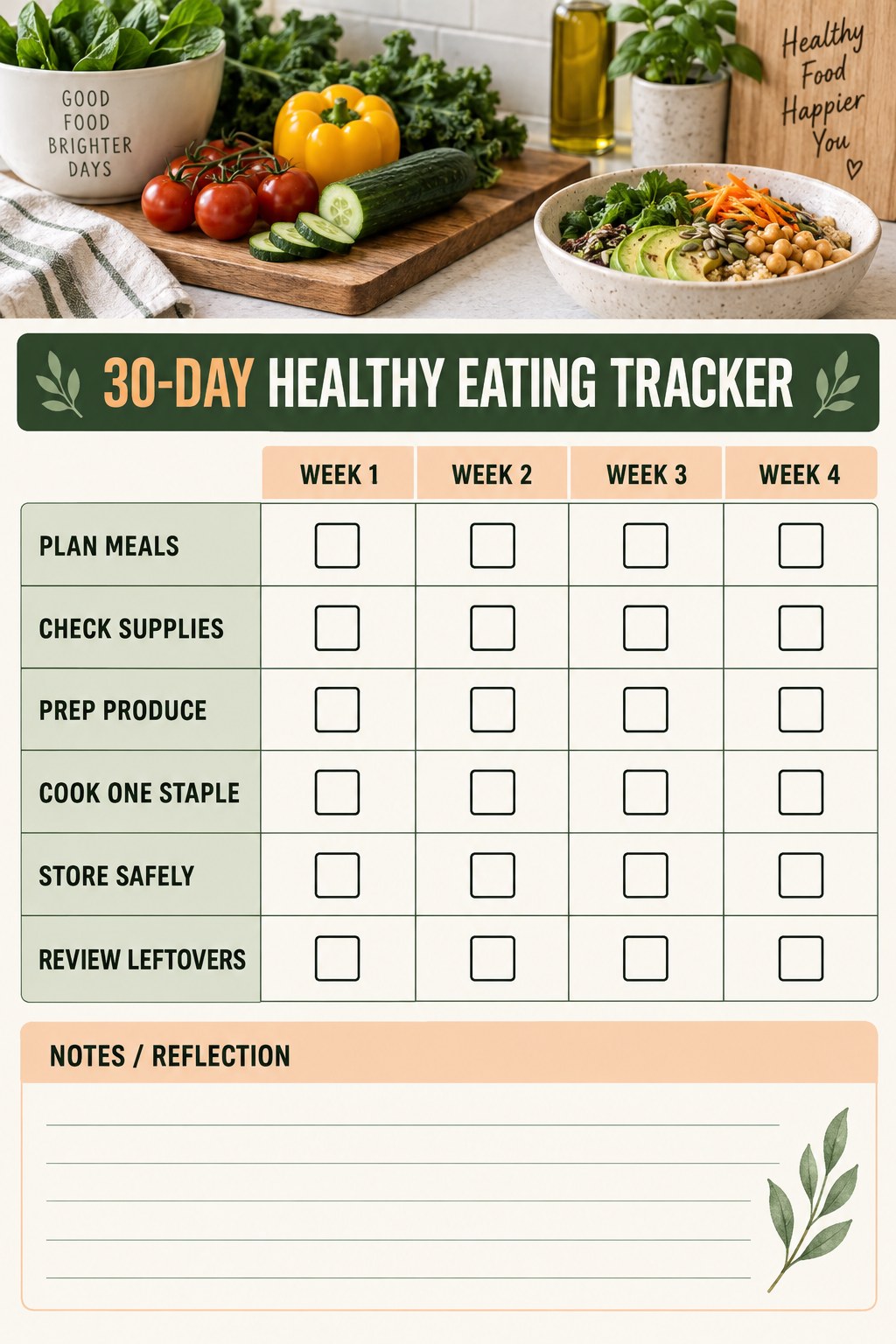 30-Day Healthy Eating printable-style tracker graphic with six labeled rows, empty checkboxes, and a reflection area.