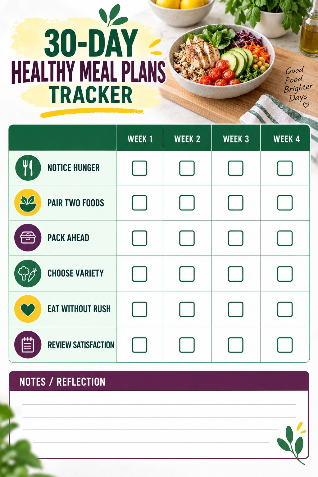 30-Day Healthy Meal Plans printable-style tracker graphic with six labeled rows, empty checkboxes, and a reflection area.