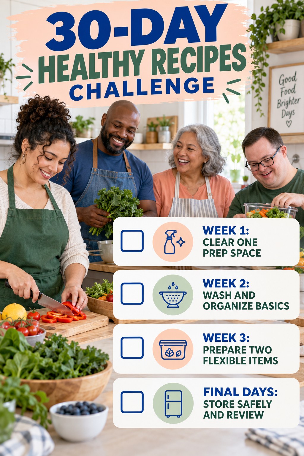 30-day Healthy Recipes challenge graphic showing four manageable milestones for consistent practice.