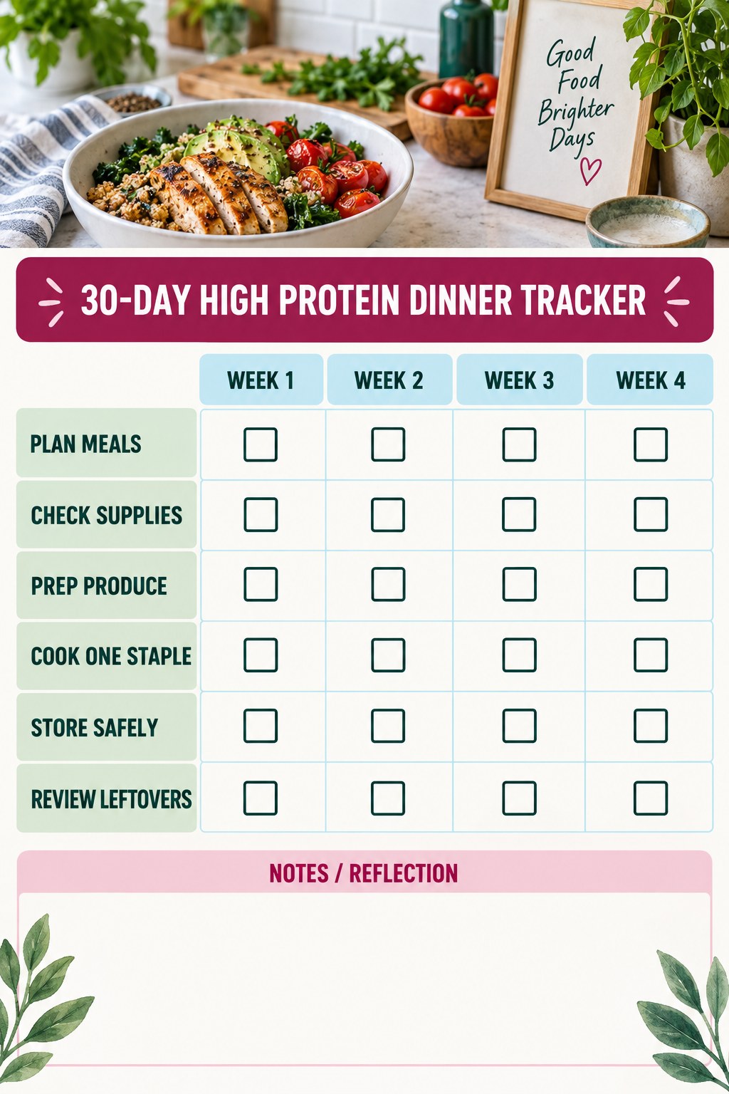 30-Day High Protein Dinner printable-style tracker graphic with six labeled rows, empty checkboxes, and a reflection area.