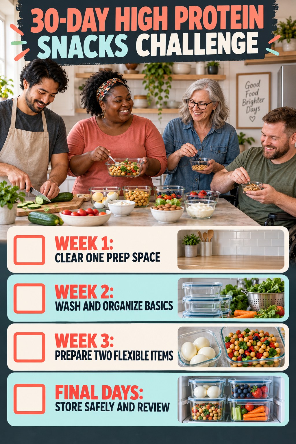 30-day High Protein Snacks challenge graphic showing four manageable milestones for consistent practice.
