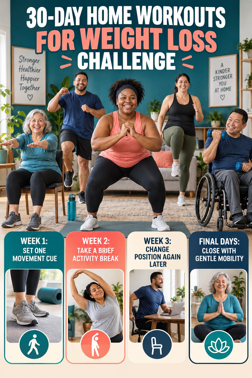 30-day Home Workouts for Weight Loss challenge graphic showing four manageable milestones for consistent practice.