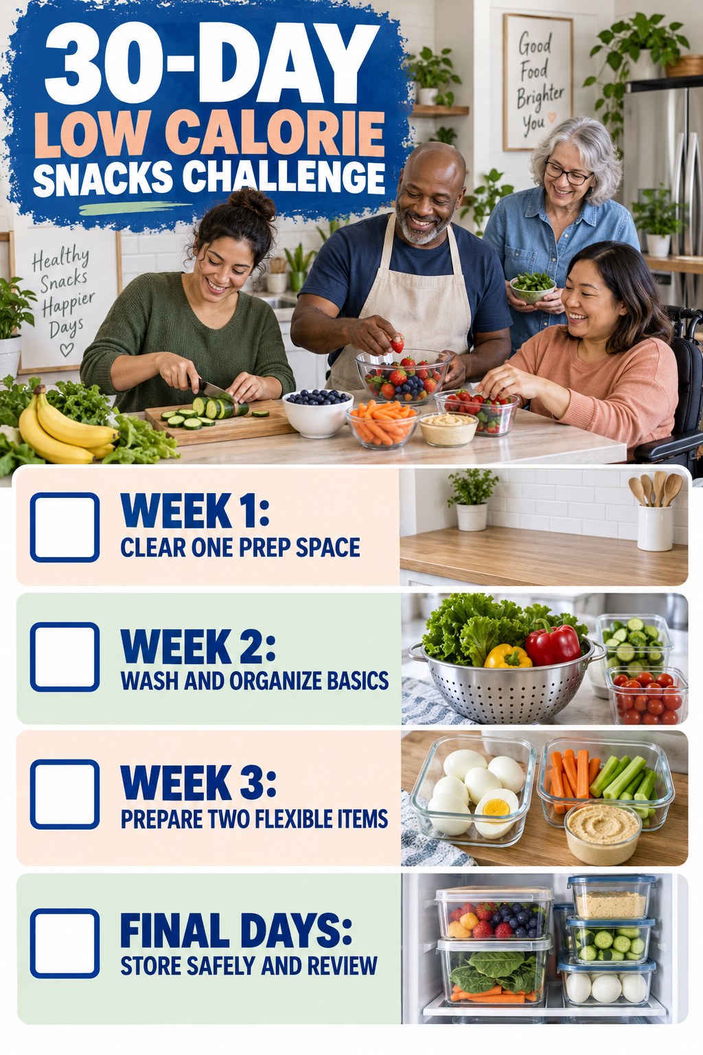 30-day Low Calorie Snacks challenge graphic showing four manageable milestones for consistent practice.