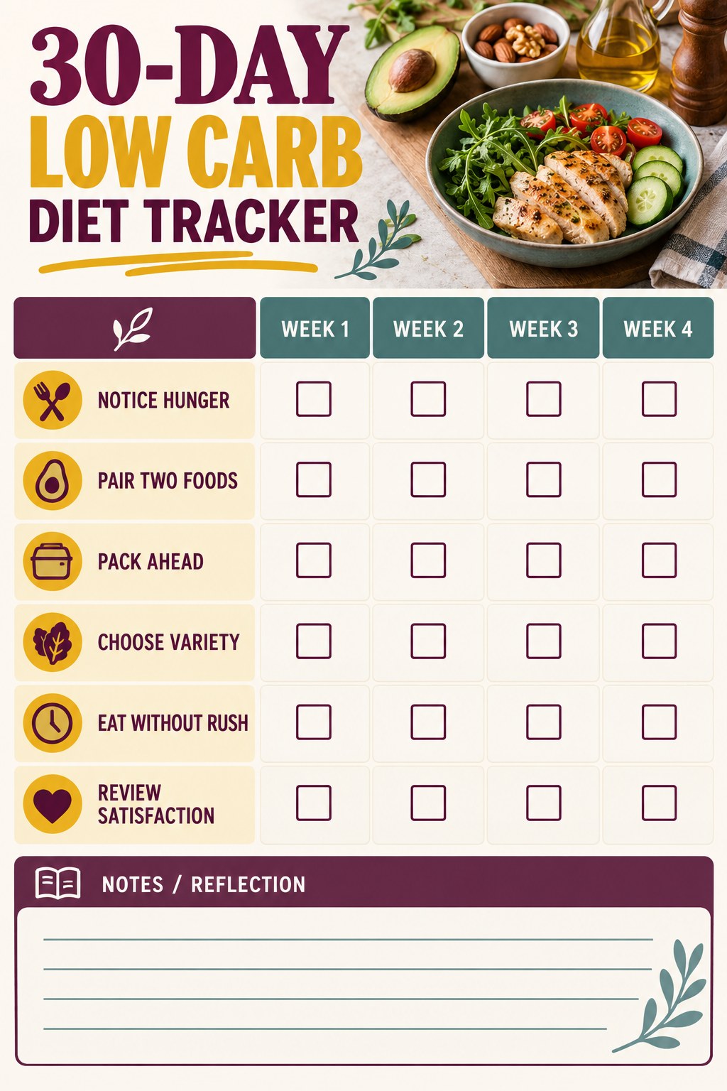 30-Day Low Carb Diet printable-style tracker graphic with six labeled rows, empty checkboxes, and a reflection area.