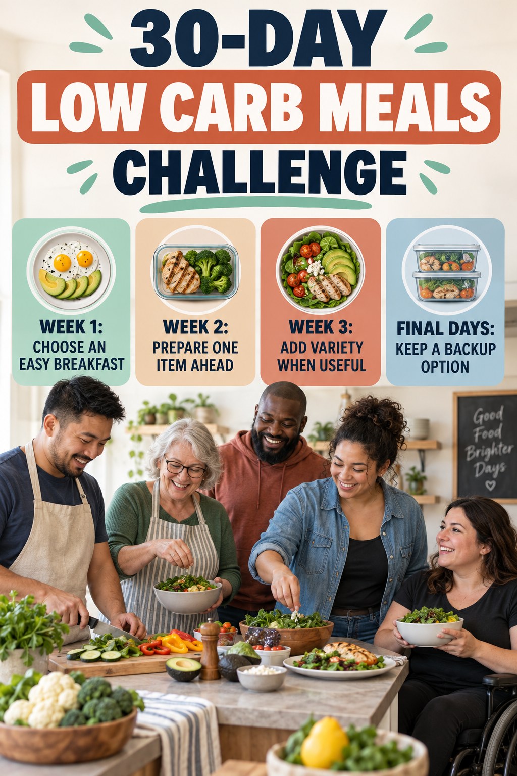 30-day Low Carb Meals challenge graphic showing four manageable milestones for consistent practice.