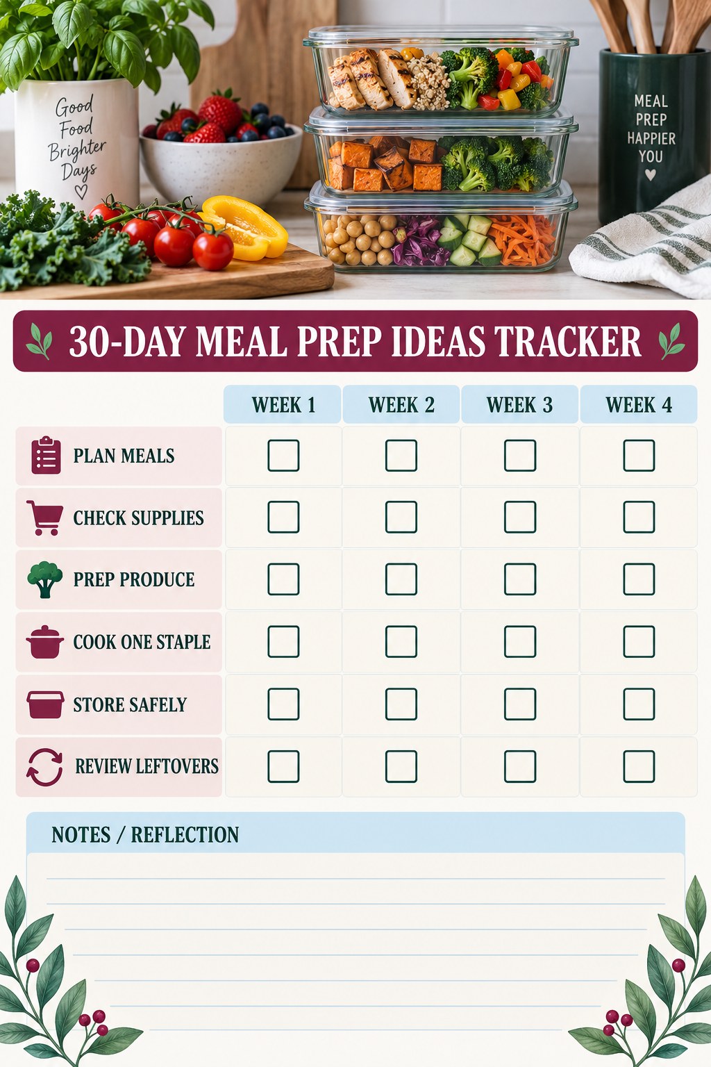 30-Day Meal Prep Ideas printable-style tracker graphic with six labeled rows, empty checkboxes, and a reflection area.