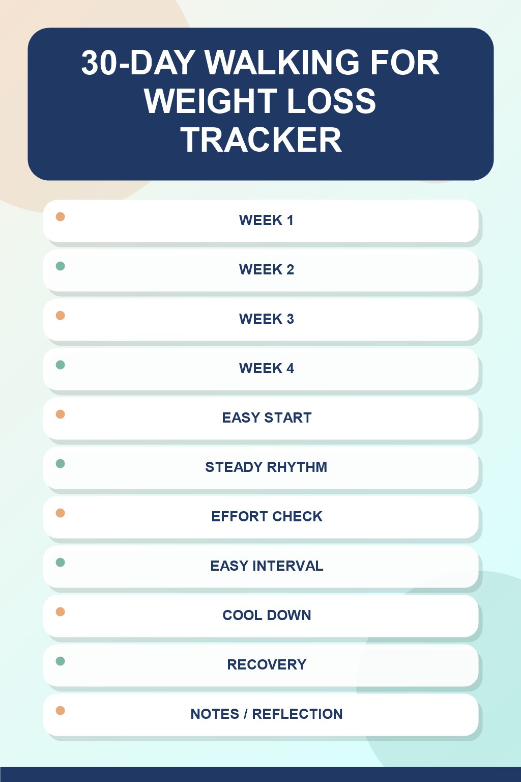 30-Day Walking for Weight Loss printable-style tracker graphic with six labeled rows, empty checkboxes, and a reflection area.
