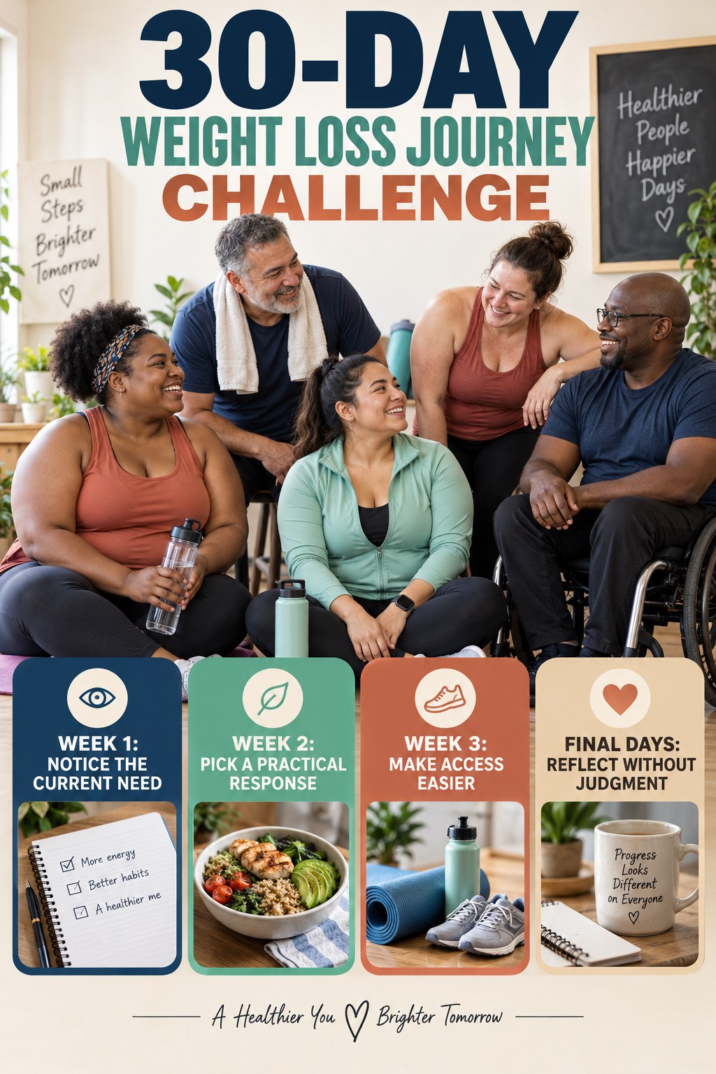 30-day Weight Loss Journey challenge graphic showing four manageable milestones for consistent practice.