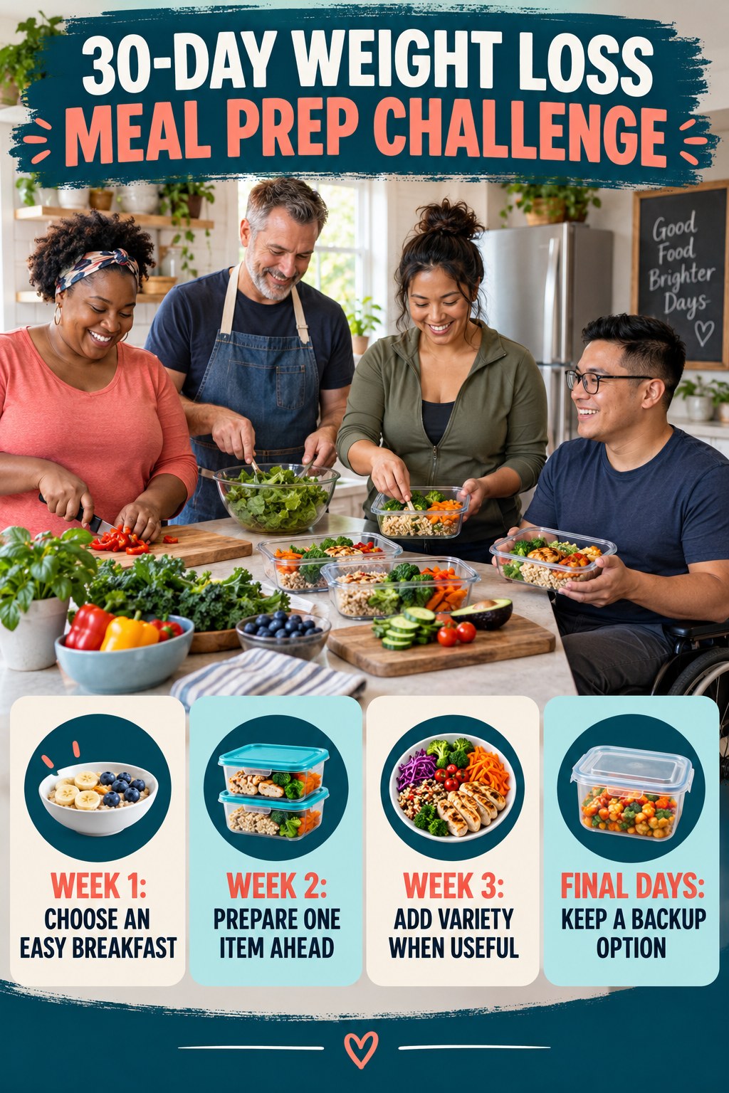 30-day Weight Loss Meal Prep challenge graphic showing four manageable milestones for consistent practice.