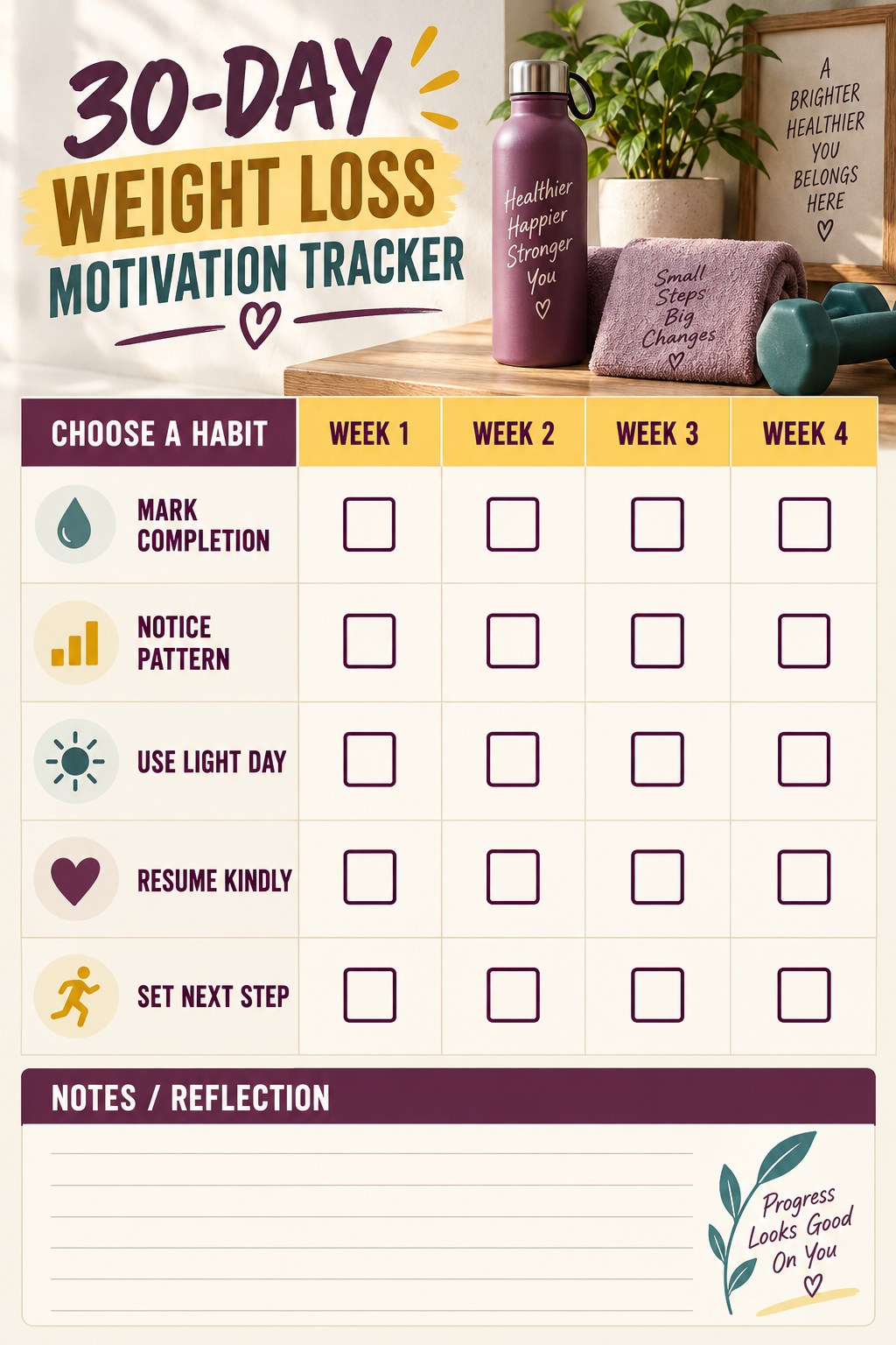 30-Day Weight Loss Motivation printable-style tracker graphic with six labeled rows, empty checkboxes, and a reflection area.