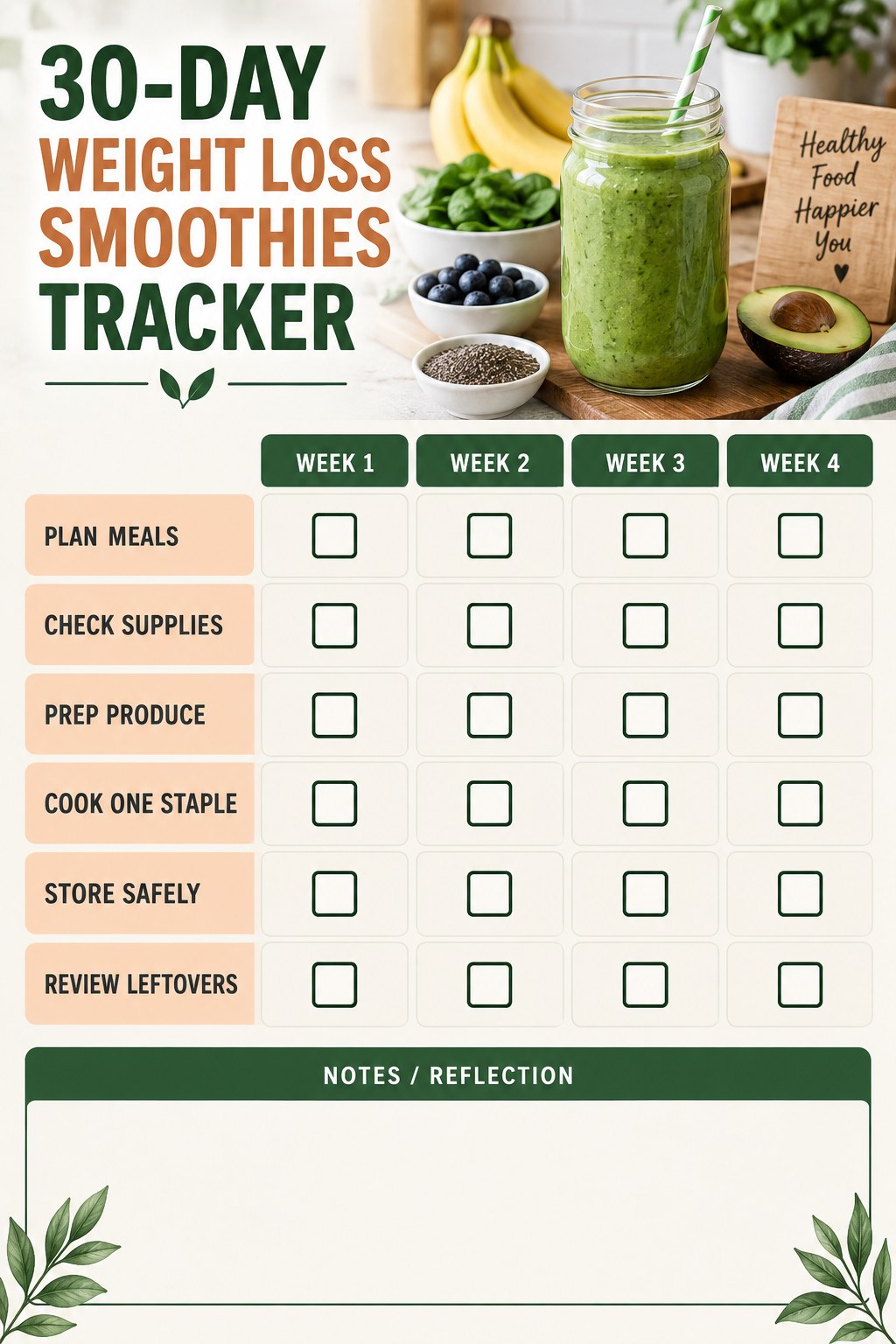 30-Day Weight Loss Smoothies printable-style tracker graphic with six labeled rows, empty checkboxes, and a reflection area.