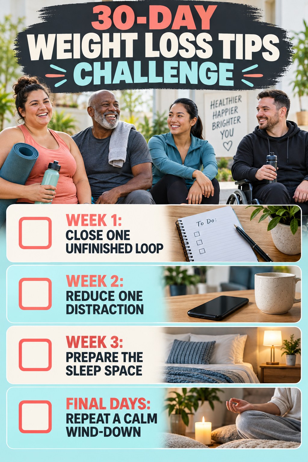 30-day Weight Loss Tips challenge graphic showing four manageable milestones for consistent practice.