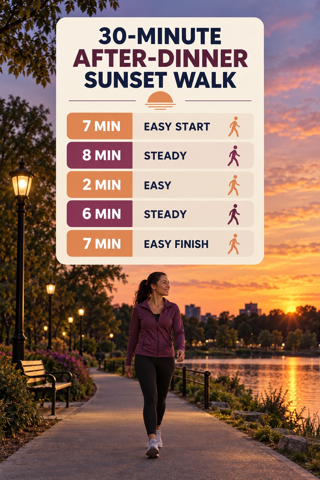30-minute after-dinner sunset walking routine with two steady blocks and easy recovery