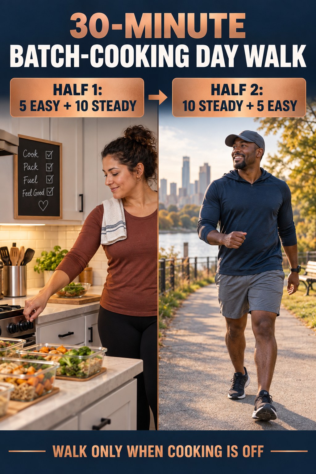 Batch-cooking kitchen beside an outdoor walker and a 30-minute routine divided into two balanced halves.